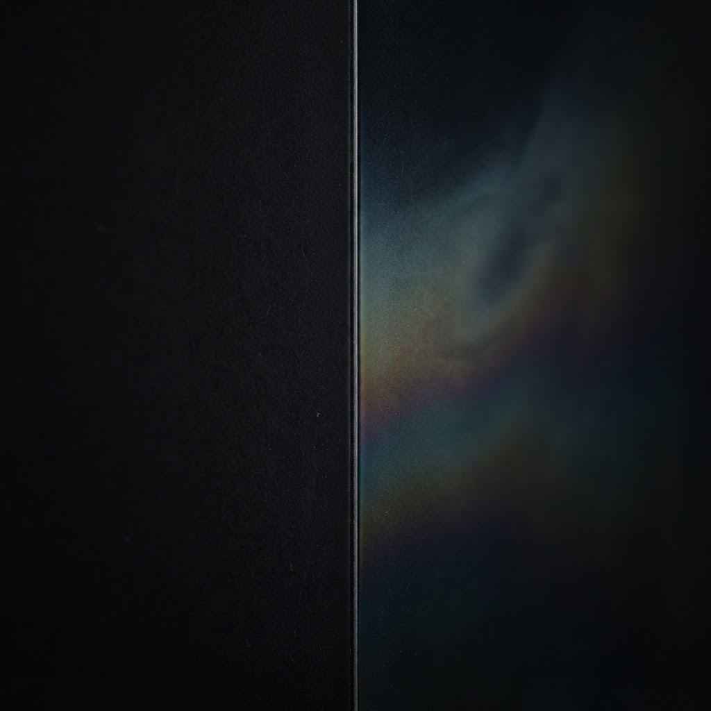 A dark matte surface divided by a soft vertical threshold, where a micron-thin optical coating begins and blooms into a faint interference spectrum against the darkness