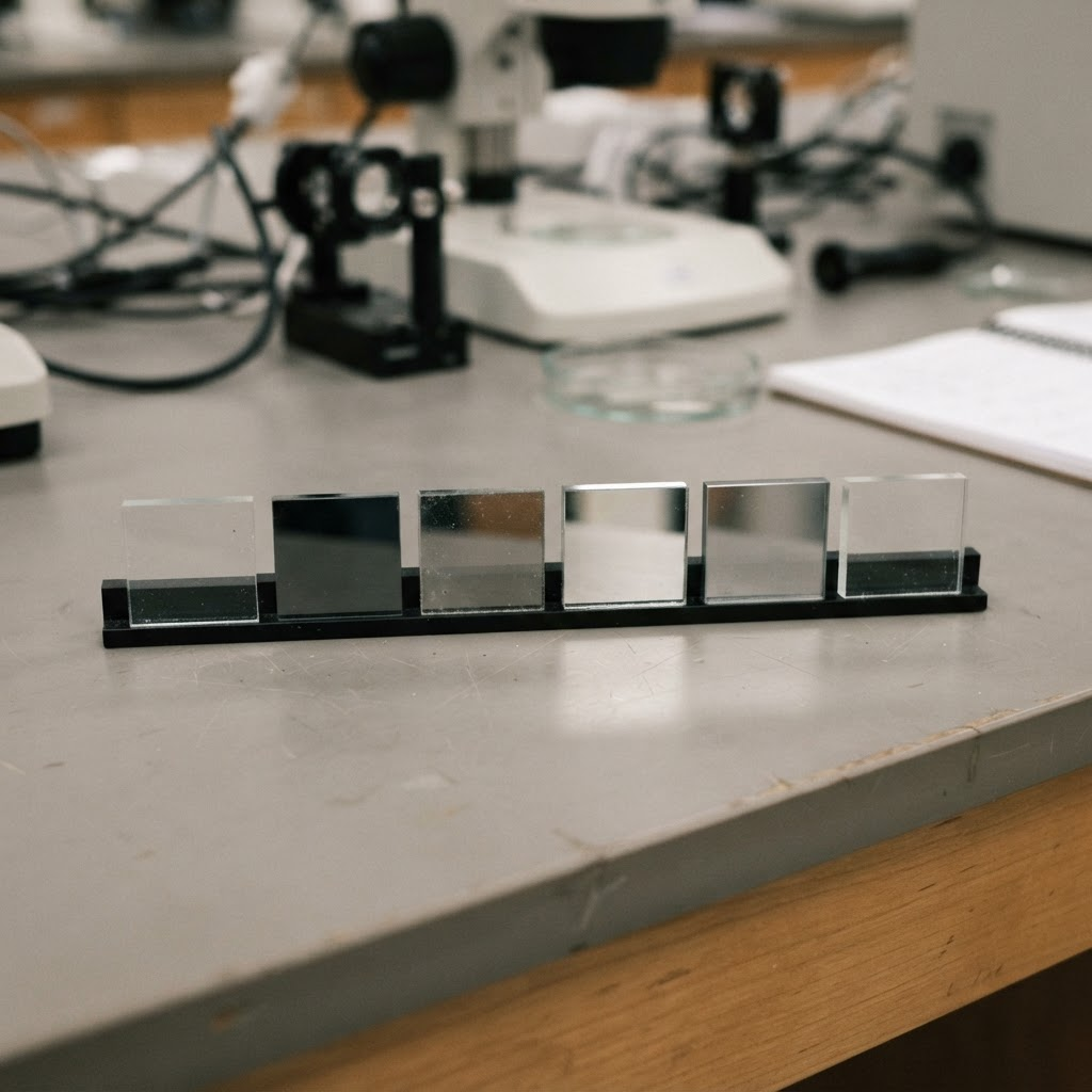 Several coated and uncoated glass samples arranged in a row on a neutral laboratory bench for optical comparison