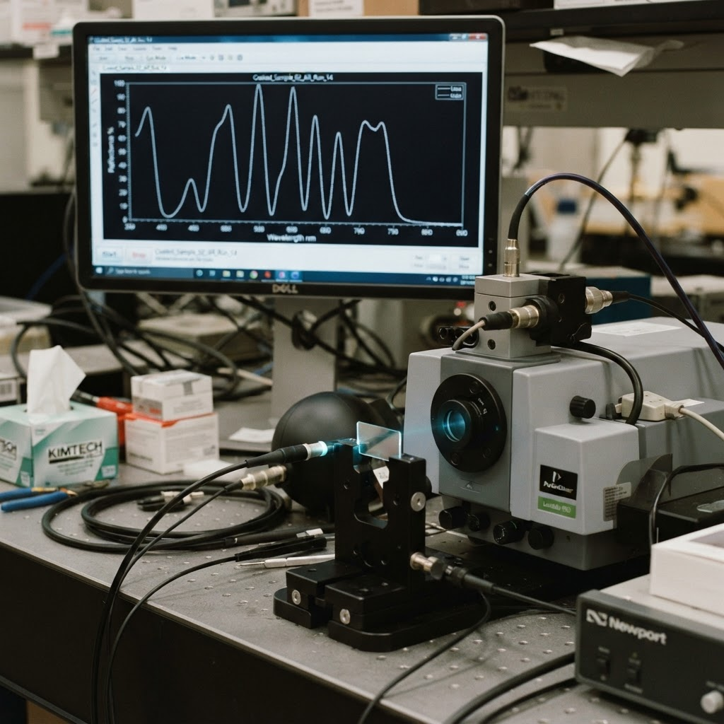 An optical measurement setup with a coated glass sample under a spectrophotometer and a reflectance curve shown on a monitor