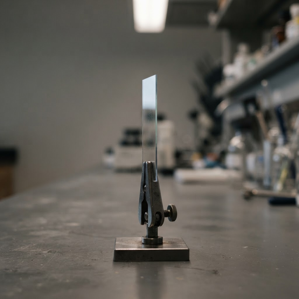 A single coated optical glass sample mounted upright in a small clamp on a clean laboratory bench under soft controlled lighting