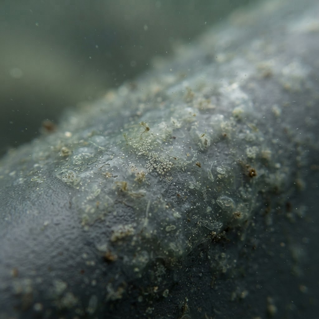 Extreme close-up of an early biofilm of microorganisms beginning to settle and adhere to a smooth submerged surface underwater