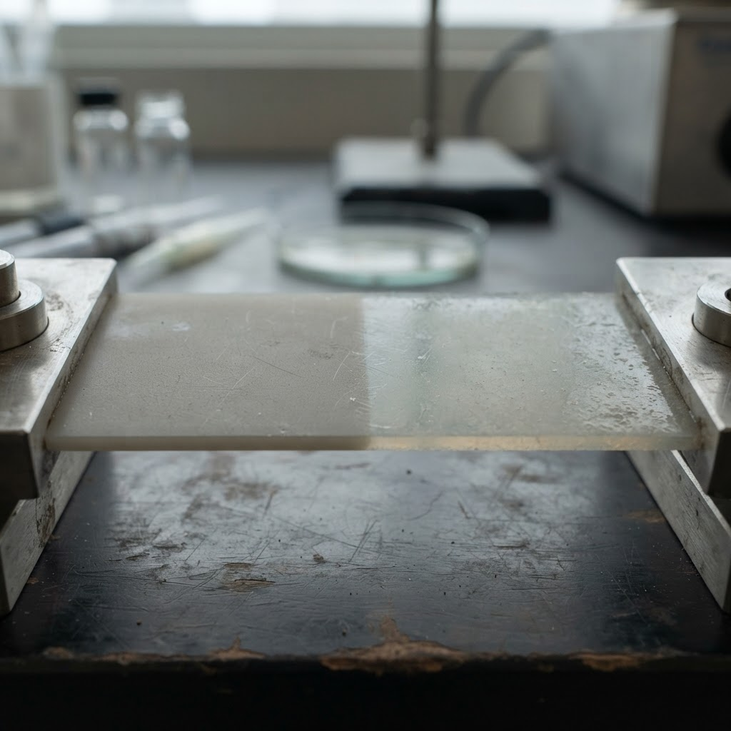 A flat polymer test surface under soft laboratory light, half pristine and half showing the faint beginning of biological settlement