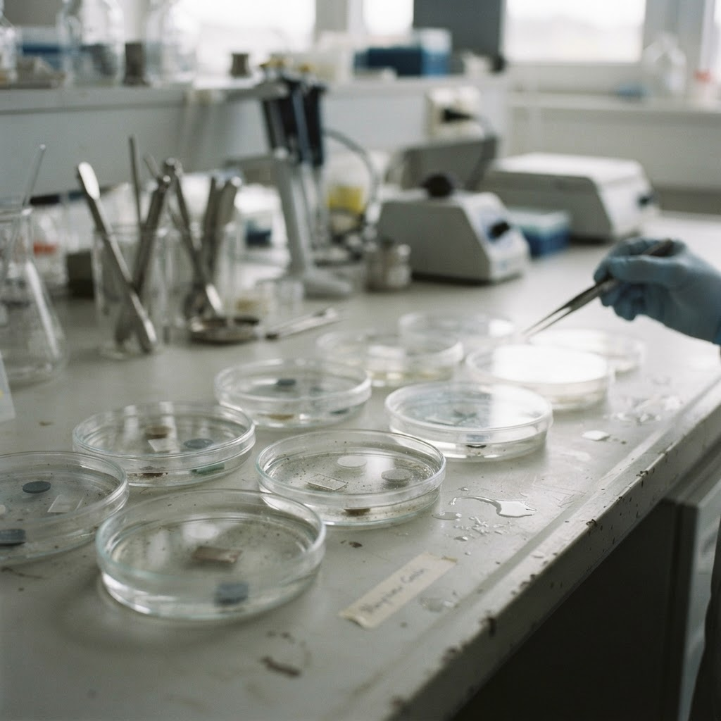 Small polymer sample coupons resting in clear covered dishes on a neutral laboratory bench, submerged for a fouling-resistance study