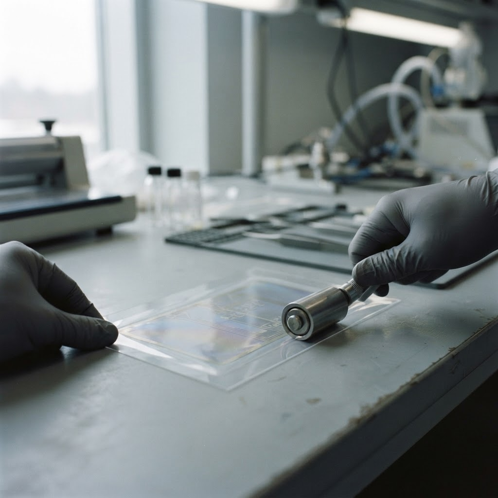 A thin, flexible advanced material film being sealed beneath a clear protective layer in a calm materials science laboratory