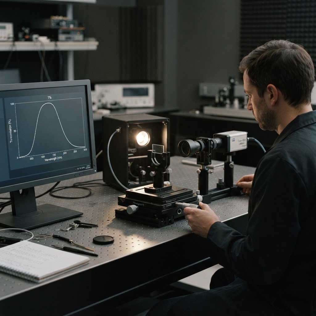 A calm laboratory bench where a sample is measured under instrumentation, notes and readings recorded alongside
