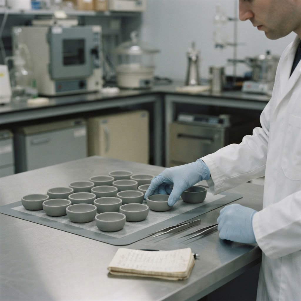 A methodical controlled experiment in progress, unlabelled sample dishes arranged carefully on a clean bench under even light