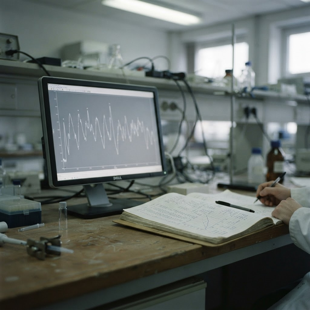 A plain monitor showing an abstract line graph of recorded data beside a notebook of handwritten figures on a laboratory bench