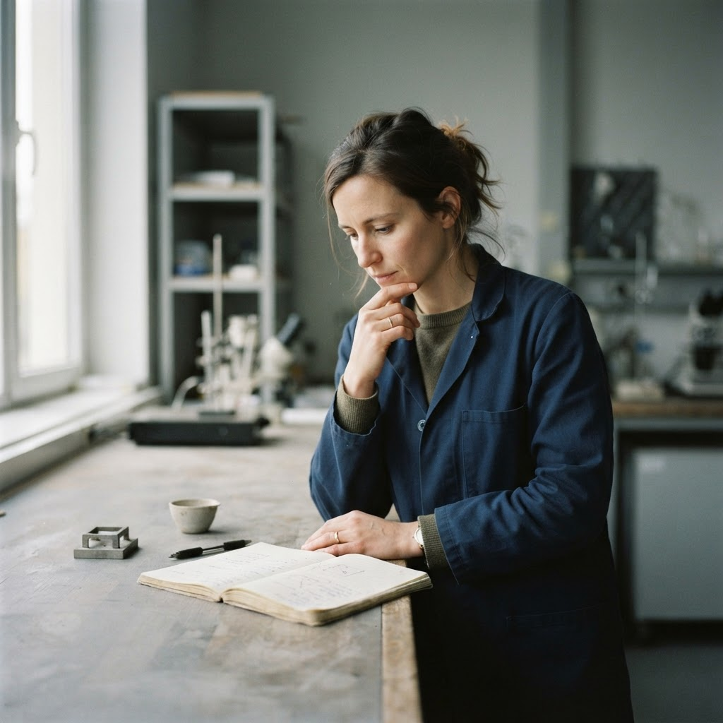 A researcher pausing to observe and think in a calm, neutral laboratory, notebook resting on a plain bench in natural light