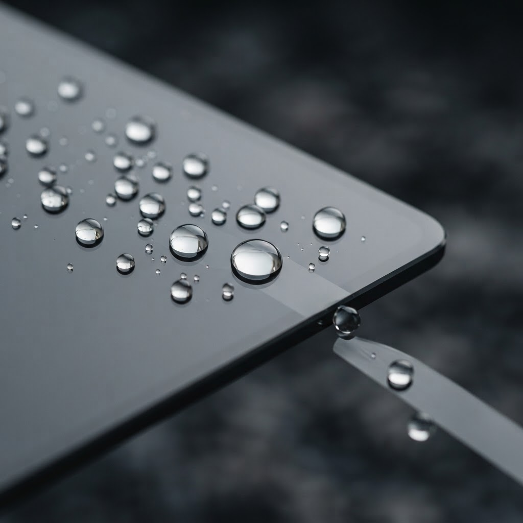 Extreme close-up of water beading and rolling off a treated surface that resists fouling and contamination